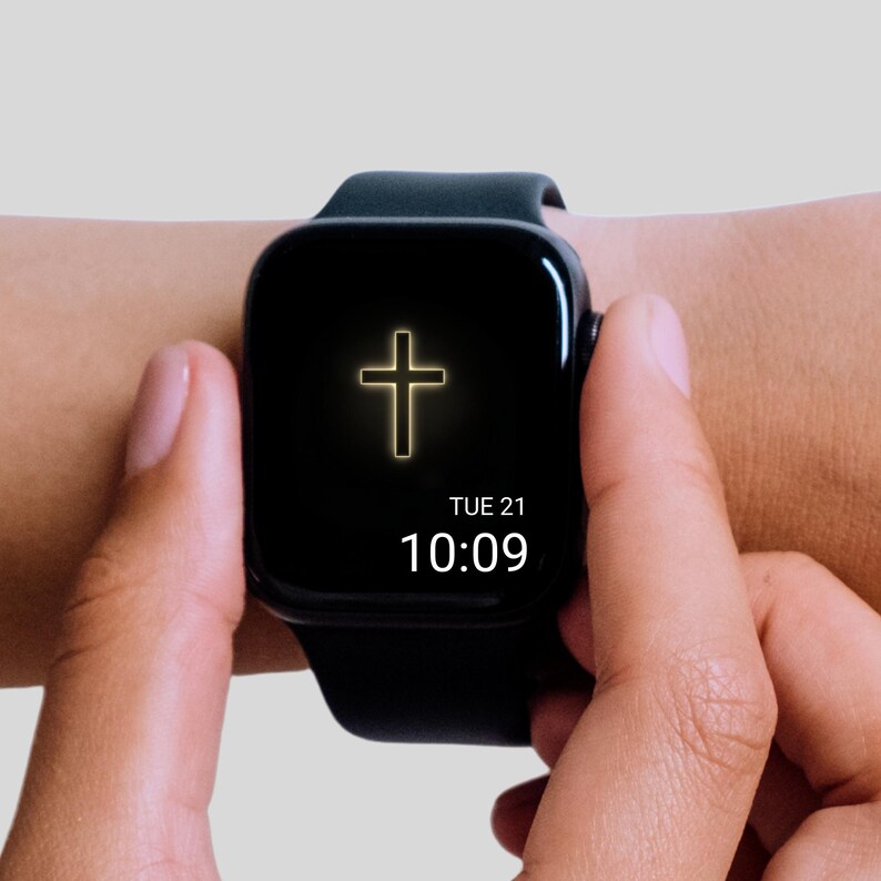 Leuchtendes Goldkreuz Apple-Uhr-Gesicht | Moderne minimalistische Glaube Tapete | christlicher digitaler Download Bild 2