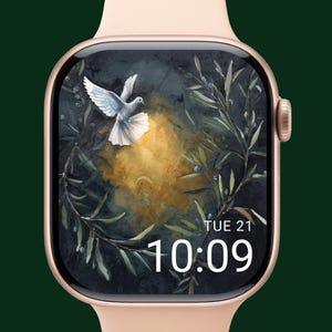 Puede incluir: Un reloj inteligente de oro rosa con una pantalla que muestra una paloma en vuelo sobre un fondo dorado, rodeada de ramas de olivo. La hora es 10:09 y la fecha es martes 21. El reloj tiene una correa rosa claro.