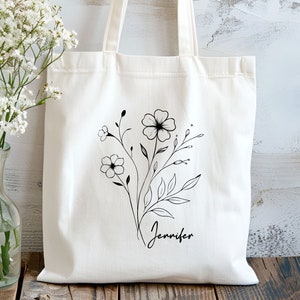 Custom Birthday Floral Tote, Personalized Birth Gift Bag, Customized Month Flower Bags, Unique Born Woman Totes, Milestone Date Reusable Bag, Flower Design Tote, Birthday Vacation Canvas Bag, Date of Birth Girl Bags, Wildflower Teacher Reusable Bag