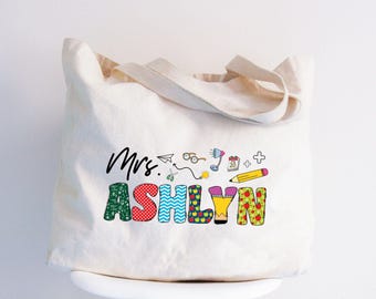 Personalized Teacher Tote Bag, Custom Name Canvas Gift