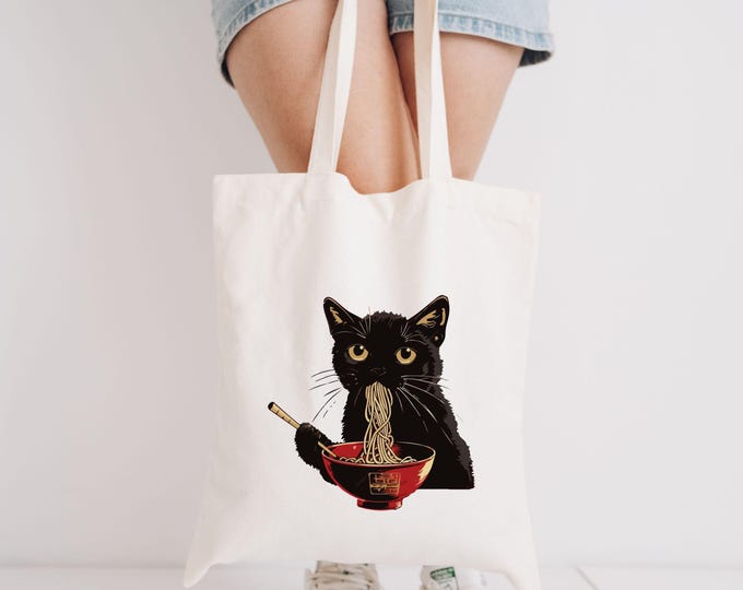 Cute Black Ramen Cat Eating Art Tote Bag: Japanese Style Anime Cat Tote, Adorable Cat Noodle Lover Canvas Tote, Unique Gift for Cat Lovers