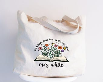 Personalized Teacher Tote Bag, Floral Design, Custom Name Gift