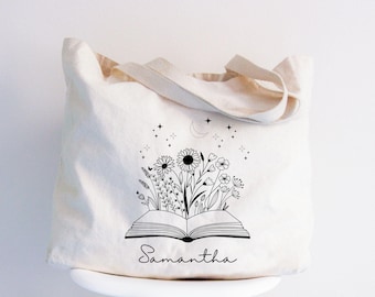 Personalized Canvas Tote Bag, Wildflower Book Design, Book Lover Gift