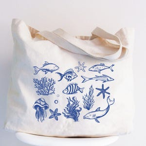 Sea Life Tote Bag, Ocean Nature Bag, Sea Animal Tote, Marine Bag, Shark Tote, Fish Bag, Aquatic Life Bag, Orca Dolphin Bag,Whales Beach Tote
