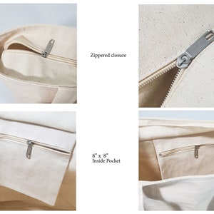 May include: A white canvas tote bag with a zippered closure and an 8 inch by 8 inch inside pocket.