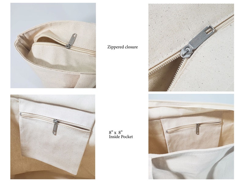 May include: A white canvas tote bag with a zippered closure and an 8 inch by 8 inch inside pocket.
