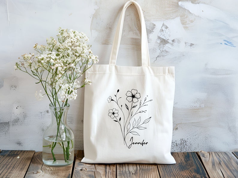 Custom Birthday Floral Tote, Personalized Birth Gift Bag, Customized Month Flower Bags, Unique Born Woman Totes, Milestone Date Reusable Bag, Flower Design Tote, Birthday Vacation Canvas Bag, Date of Birth Girl Bags, Wildflower Teacher Reusable Bag