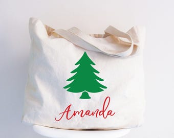 Custom Christmas Tree Canvas Tote Bag, Holiday Gift