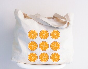 Orange Print Tote Bag, Reusable Cotton Canvas