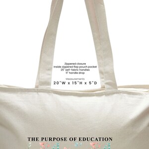 May include: A beige canvas tote bag with a zippered closure, an inside zippered flap pouch pocket, and self-fabric handles. The bag measures 20 inches wide by 15 inches high by 5 inches deep. The text "THE PURPOSE OF EDUCATION" is printed on the front of the bag.