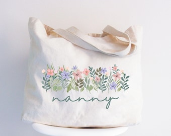 Personalized Nanny Shopping Bag, Custom Mama Tote Bag, Mother’s Day Gift, Wildflower Tote Bag For Mum, Nanny Book Bag, Granny Birthday Gift