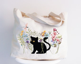 Black Cat Floral Art Tote Bag, Vintage Flower Design