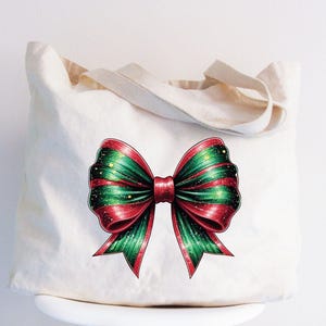 Christmas Coquette Red & Green Bow Tote Bag, Christmas Gift, Mom Shopping Bag, Christmas Book Bag, Diaper Bag, Holiday Gifts, Employee Gift