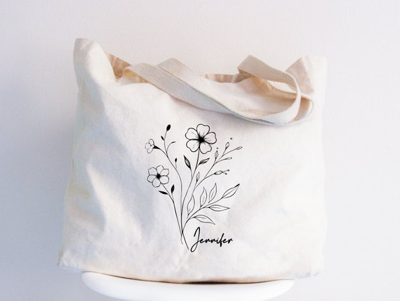 Personalized Birth Month Flower Tote Bag, Custom Floral Canvas Tote
