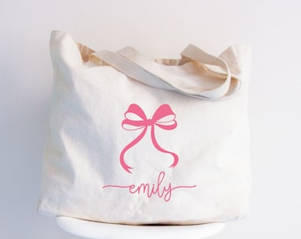 Personalized Bridal Bow Script Tote Bag, Custom Pink Bridesmaid Gift Bags, Customized Bachelorette Coquette Totes, Girl Wedding Party Bag