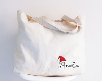 Personalized Christmas Party Tote Bag : Xmas Santa Hat Gift, Custom Name Canvas Tote Bags, Merry Christmas 2025 Bags, Holiday Gift for Women