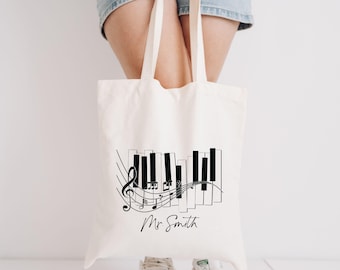 Personalized Music Teacher Canvas Tote Bag, Piano Keys Design