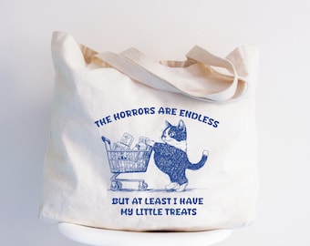 Funny Cat Graphic Tote Bag, Horrors Persist, Cat Lover Gift