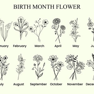 以下が含まれることがあります： 1月から12月までの誕生月の花を表す、白黒の花のイラスト。各花の下に月が記載されています。