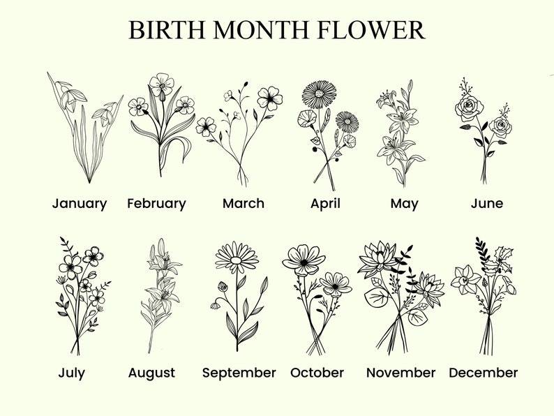 以下が含まれることがあります： 1月から12月までの誕生月の花を表す、白黒の花のイラスト。各花の下に月が記載されています。