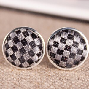 Upcycled Necktie Cufflinks: Black & Gray Checkerboard Silk, Silver Plated