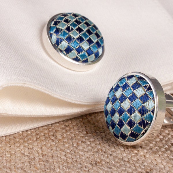 Blue Cufflinks - Handmade Silk Button Cufflinks - Mens Cufflinks - Womans Cufflinks - Upcycled Vintage Necktie - Anniversary Gift