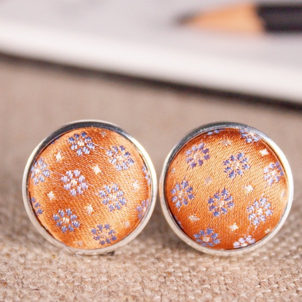 Silk Cufflinks - Peach Silk with Tiny Flowers - Button Cufflinks - Fabric Cufflinks - Womans Cufflinks - Wedding Cufflinks - Unique Gift