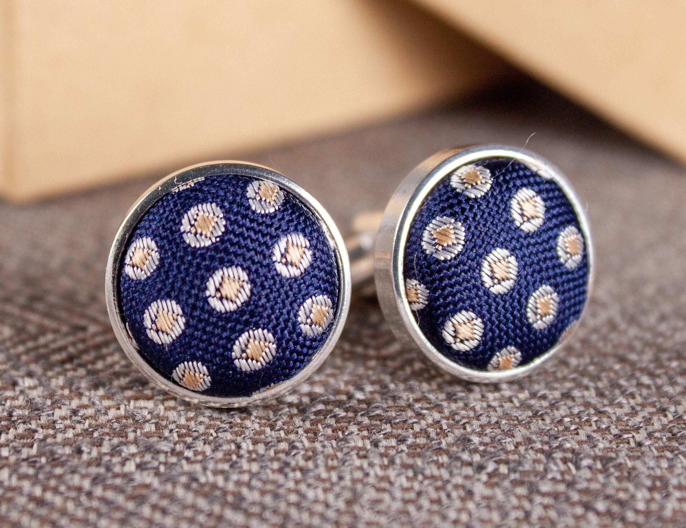 Navy Blue & Pink Square Cufflinks - Silver Tone Frame, Fiber Optic Glass, Hand Finished - View #4