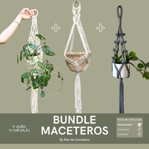 Puede incluir: Un paquete de tres maceteros de macramé, uno blanco, uno blanco con una cesta tejida y uno gris. La imagen incluye el texto "3 VIDEO TUTORIALS", "BUNDLE MACETEROS", "By Mar de Comodoro", "Nivel de dificultad", "PRINCIPIANTE", "INTERMEDIO", "AVANZADO" y tres estrellas.