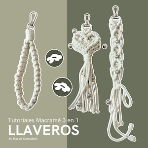 以下が含まれることがあります： 銀色のビーズと留め具が付いたマクラメのキーホルダーが3つ。キーホルダーは白いコードで作られており、ハート型、長いタッセル、ループの形をしています。画像の下には「Tutoriales Macrame 3 en 1 LLAVEROS By Mar de Comodoro」というテキストがあります。