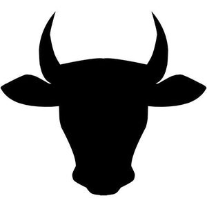May include: A solid black silhouette of a bull head featuring two prominent, upward-curving horns and wide, pointed ears. The design is rendered in a flat, high-contrast style with clean, sharp edges, focusing on the distinct bovine facial shape.