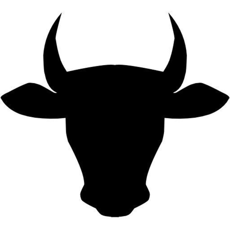May include: A solid black silhouette of a bull head featuring two prominent, upward-curving horns and wide, pointed ears. The design is rendered in a flat, high-contrast style with clean, sharp edges, focusing on the distinct bovine facial shape.