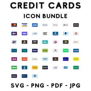 45 kart kredytowych SVG, Png, Jpg, Pdf, logo płatności w sklepie znak płatności, usługi płatnicze, ikona płatności w sieci, ikona sklepu, zapłać online, płatność