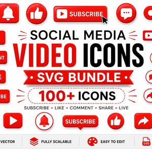 Puede incluir: Una colección de iconos de vídeo para redes sociales en rojo y blanco, incluyendo botones para suscribirse, dar me gusta, comentar, compartir y en directo. El texto dice SOCIAL MEDIA VIDEO ICONS SVG BUNDLE 100+ ICONS, con etiquetas para 100% vector, fully scalable, easy to edit y SVG files.