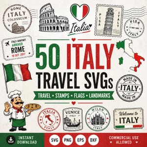 May include: A digital collection of 50 Italy travel SVGs featuring illustrations of the Colosseum, Leaning Tower of Pisa, Italian flag, a map of Italy, a chef holding a pizza, and various travel stamps with text including Rome, Milan, and Venice.