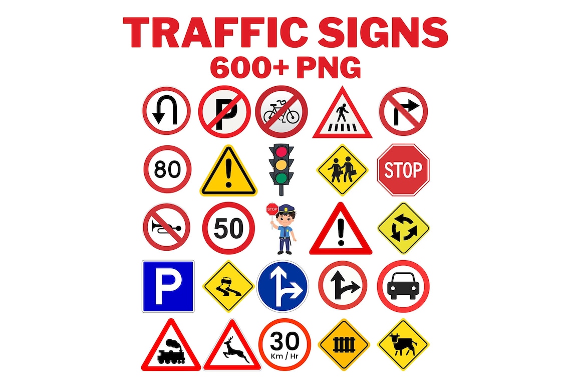 Puede incluir: Una colección de 20 señales de tráfico diferentes, incluyendo señales de stop, ceda el paso, límite de velocidad y señales de advertencia. Las señales son todas de color rojo, amarillo y azul. El texto 