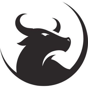 May include: A black graphic illustration of a bull head in profile, facing right, with sharp horns and a curved line framing the upper and right side of the animal, creating a circular silhouette against a plain white background.