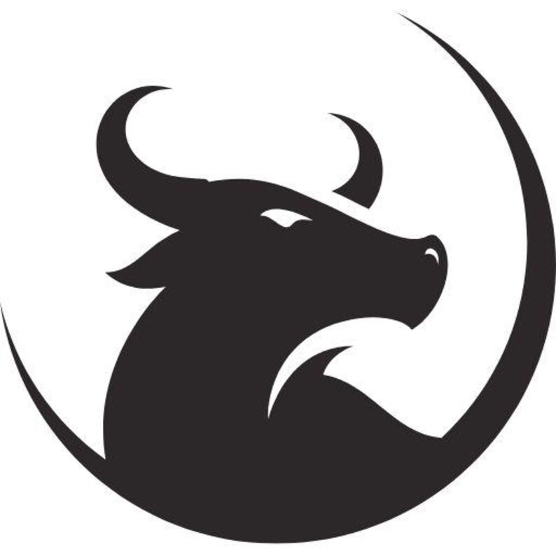 May include: A black graphic illustration of a bull head in profile, facing right, with sharp horns and a curved line framing the upper and right side of the animal, creating a circular silhouette against a plain white background.