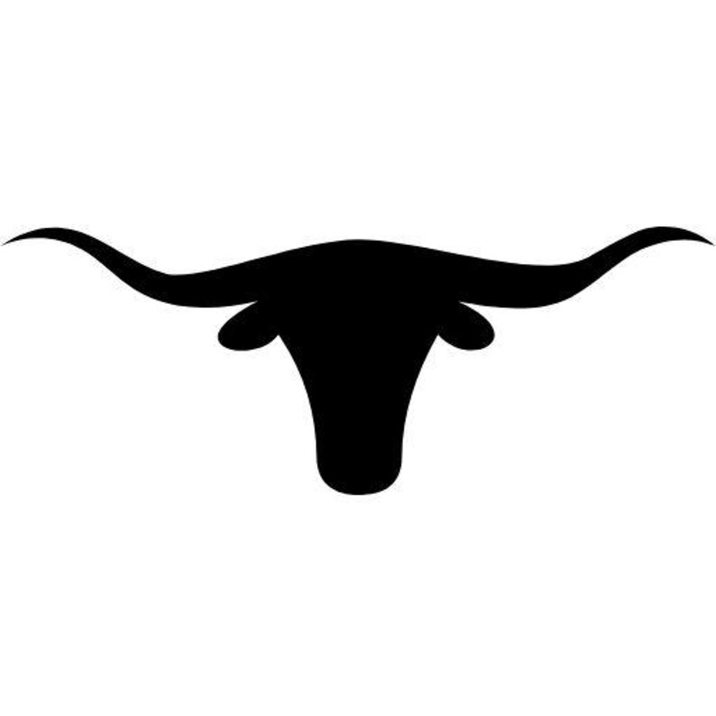 May include: A solid black silhouette graphic of a longhorn steer head. The design features the distinctively wide, curved horns extending outward from the central head shape, with two small ears visible below the base of the horns.