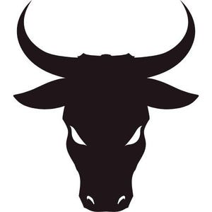 May include: A black silhouette graphic of a bull head facing forward. The design features large, curved horns extending outward and upward, pointed ears, and sharp, angular white eye shapes set against the solid black form of the animal's face.