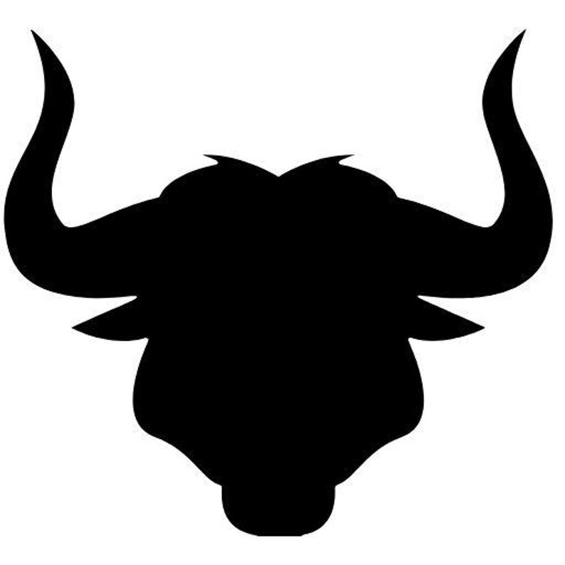 May include: A solid black silhouette of a bull head featuring two large, upward-curving horns and pointed ears. The graphic design is presented against a plain white background, showcasing the distinct shape and outline of the animal's head.