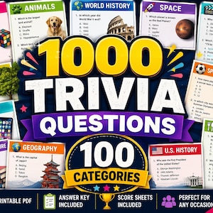 May include: A 1000 trivia questions game set featuring 100 categories with multiple-choice questions on topics like 80s music, animals, world history, space, movies, nature, technology, books, literature, geography, U.S. history, sports, and food.