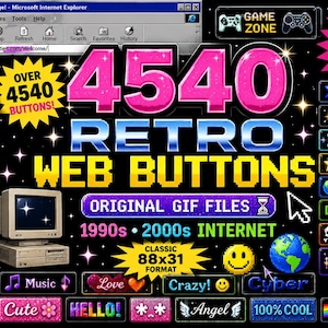 Puede incluir: Un gráfico digital con el texto "4540 RETRO WEB BUTTONS" en rosa y amarillo, con varios botones e iconos animados. La imagen tiene una estética de Internet de los años 1990-2000, incluyendo una ventana de Microsoft Internet Explorer y el texto "ORIGINAL GIF FILES".
