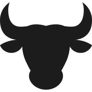 May include: A solid black silhouette graphic of a bull head featuring prominent curved horns extending upwards and outwards, with two small ears positioned on the sides of the head, presented as a flat, high-contrast vector-style icon design.