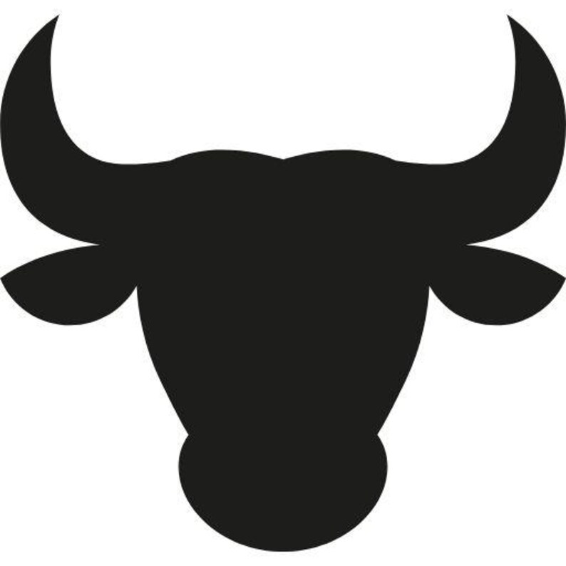 May include: A solid black silhouette graphic of a bull head featuring prominent curved horns extending upwards and outwards, with two small ears positioned on the sides of the head, presented as a flat, high-contrast vector-style icon design.