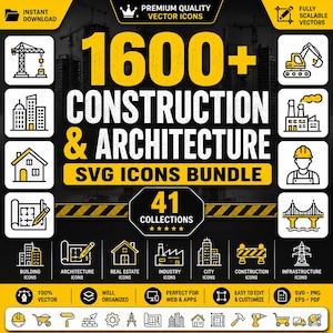 以下が含まれることがあります： 1600以上の建設および建築SVGアイコンを含むデジタルグラフィックバンドル。黒い背景に黄色と白のテキストが配置され、クレーン、建物、ツールなどのさまざまなラインアートアイコンが専門的な用途向けに表示されています。