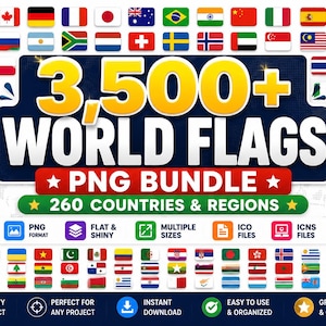 Puede incluir: Una colección digital de más de 3.500 banderas del mundo en un paquete PNG, que incluye 260 países y regiones. El gráfico muestra numerosos iconos de banderas coloridas, el texto 3,500+ WORLD FLAGS PNG BUNDLE e iconos de formatos.