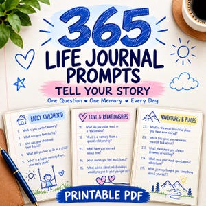 May include: A digital document titled 365 LIFE JOURNAL PROMPTS TELL YOUR STORY with the subtitle One Question One Memory Every Day. It displays three pages featuring lists of questions categorised as Early Childhood, Love & Relationships, and Adventures & Places.