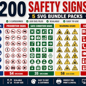 Puede incluir: Un paquete digital de 200 señales de seguridad en formato SVG, organizadas en cinco categorías: señales azules de obligación, rojas de prohibición, verdes de seguridad, amarillas de advertencia y rojas de incendios, con varios iconos.