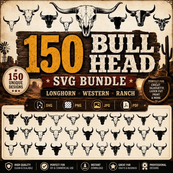 Bull Head SVG Bundle | Longhorn Skull Silhouettes for Cricut and Silhouette